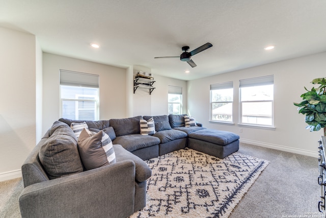 living room with ceiling fan and carpet