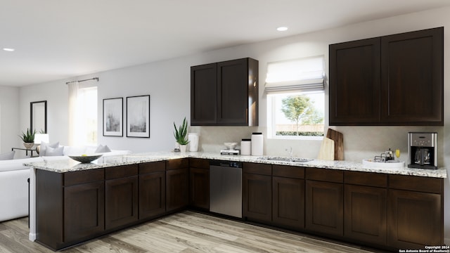 kitchen with light hardwood / wood-style flooring, sink, stainless steel dishwasher, kitchen peninsula, and dark brown cabinetry