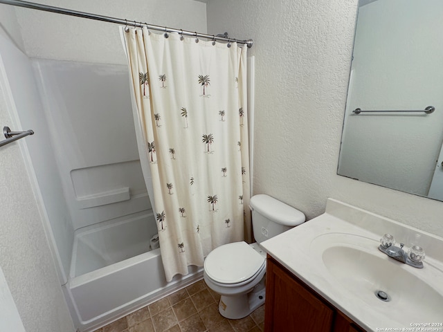 full bathroom with toilet, vanity, tile patterned floors, and shower / bathtub combination with curtain