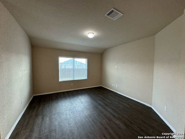 empty room featuring a textured ceiling, lofted ceiling, and dark wood-type flooring