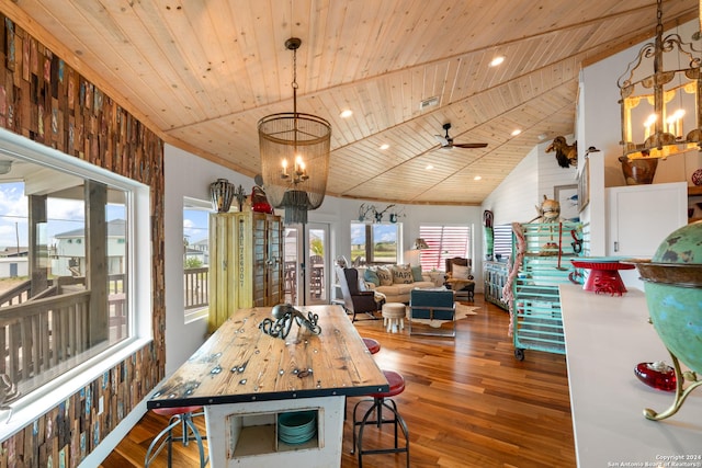 1517 S Magnolia St, Rockport, TX 78382 - dining room featuring wooden ceiling, a chandelier, wood finished floors, high vaulted ceiling, and ceiling fan
