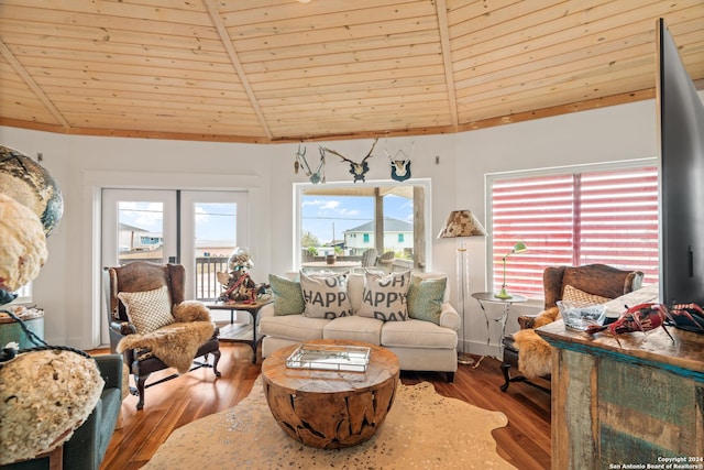 1517 S Magnolia St, Rockport, TX 78382 - living area featuring wood ceiling, wood finished floors, and lofted ceiling
