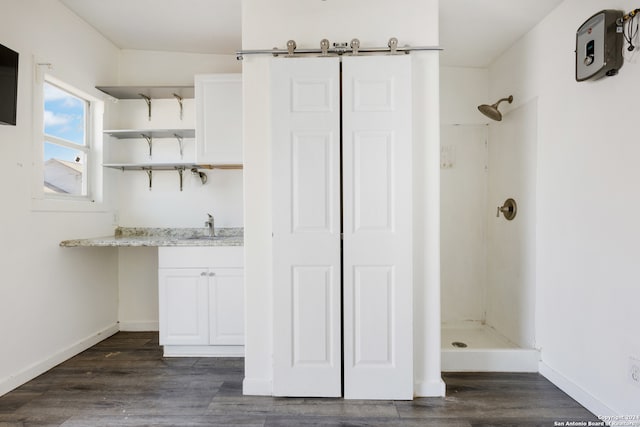 bathroom with vanity, walk in shower, and hardwood / wood-style flooring