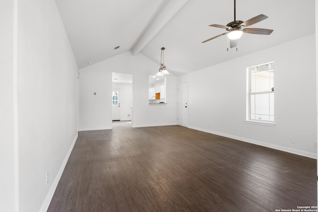 unfurnished living room with vaulted ceiling with beams, ceiling fan, and dark wood-type flooring