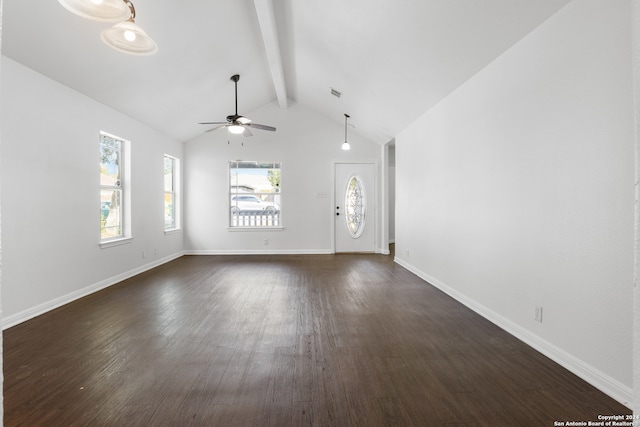 unfurnished living room with lofted ceiling with beams, ceiling fan, and dark hardwood / wood-style floors