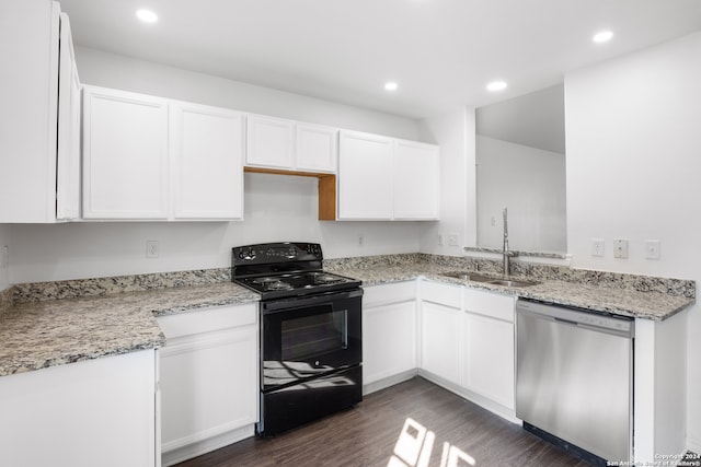 kitchen with white cabinetry, dishwasher, sink, black electric range, and dark hardwood / wood-style floors