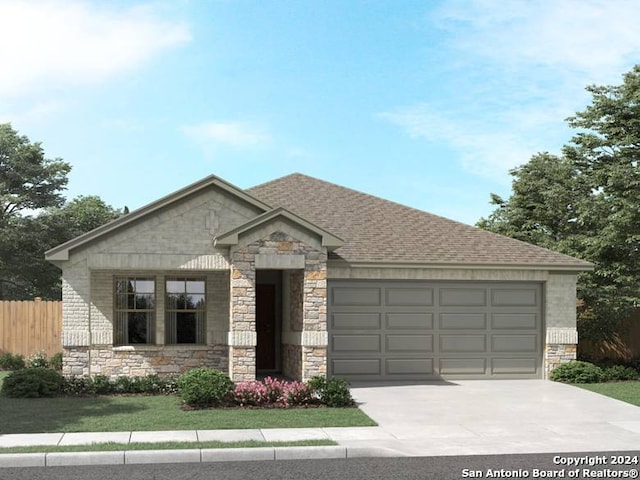 view of front of house featuring stone siding, concrete driveway, roof with shingles, and an attached garage