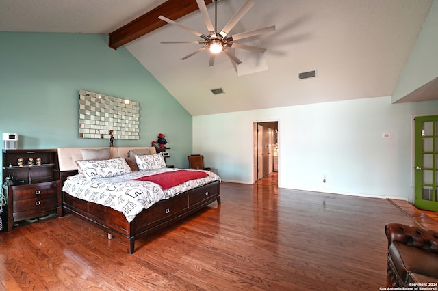 bedroom with hardwood / wood-style floors, ceiling fan, and lofted ceiling with beams