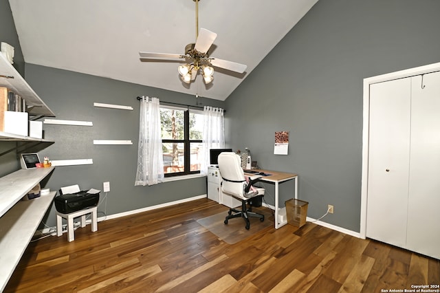 office with dark hardwood / wood-style floors, high vaulted ceiling, and ceiling fan