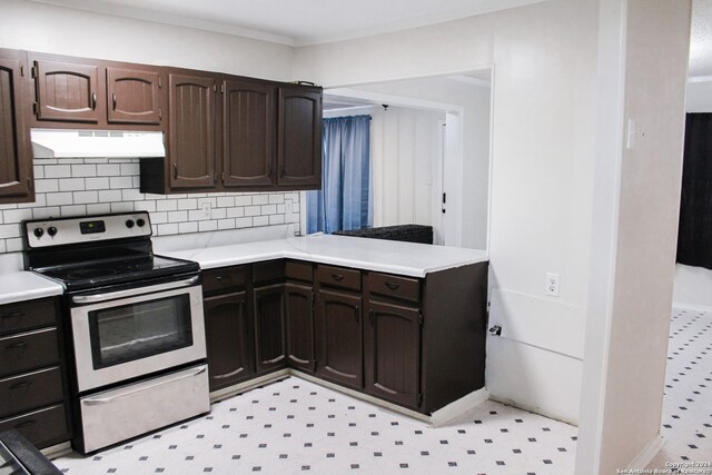 kitchen with backsplash, dark brown cabinets, stainless steel electric range, and ventilation hood