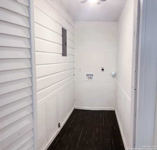 laundry area with hookup for a washing machine, electric panel, dark hardwood / wood-style floors, and electric dryer hookup