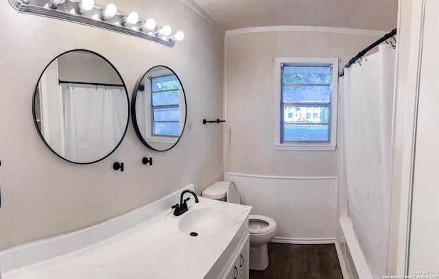 bathroom featuring wood-type flooring, vanity, toilet, and plenty of natural light