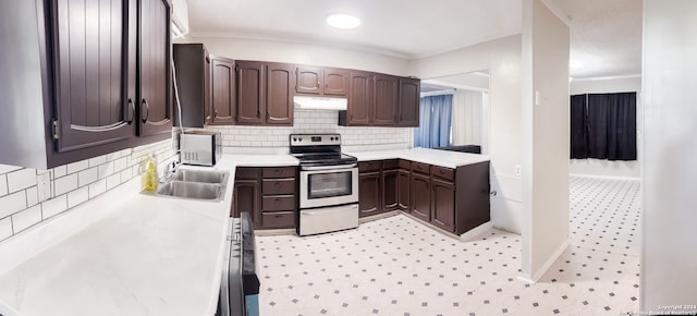 kitchen with tasteful backsplash, ornamental molding, dark brown cabinetry, sink, and stainless steel range with electric cooktop