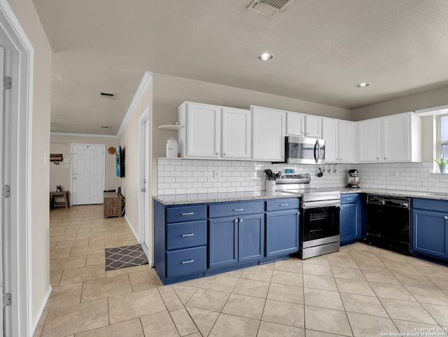 kitchen with blue cabinetry, white cabinetry, light stone countertops, tasteful backsplash, and appliances with stainless steel finishes