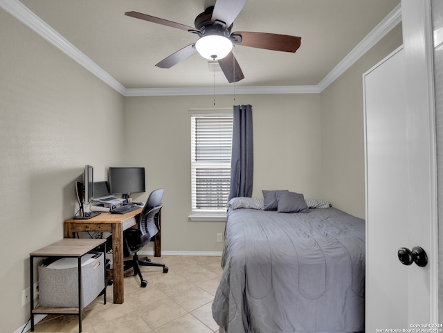 bedroom with light tile patterned floors, ceiling fan, and crown molding