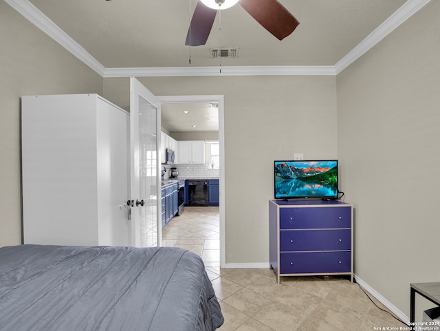 tiled bedroom with ceiling fan and ornamental molding