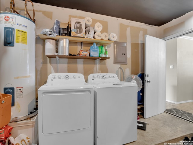 washroom with washing machine and dryer, electric water heater, electric panel, and carpet floors