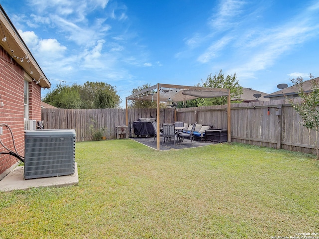 view of yard featuring central air condition unit, a pergola, outdoor lounge area, and a patio