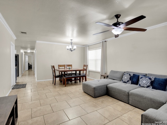 living room featuring a textured ceiling, crown molding, light tile patterned floors, and ceiling fan with notable chandelier