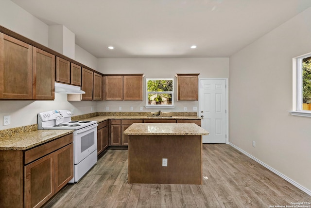 kitchen featuring white electric range oven, hardwood / wood-style floors, a healthy amount of sunlight, and sink