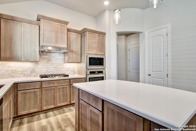 kitchen with stainless steel appliances, light wood-style floors, under cabinet range hood, tasteful backsplash, and light countertops