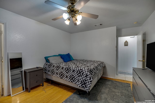 bedroom featuring ceiling fan and light wood-type flooring