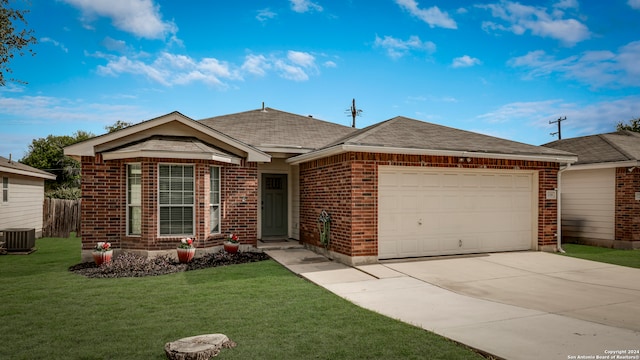 single story home with a front yard, a garage, and cooling unit