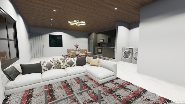 living room with washer and dryer, sink, and wood ceiling