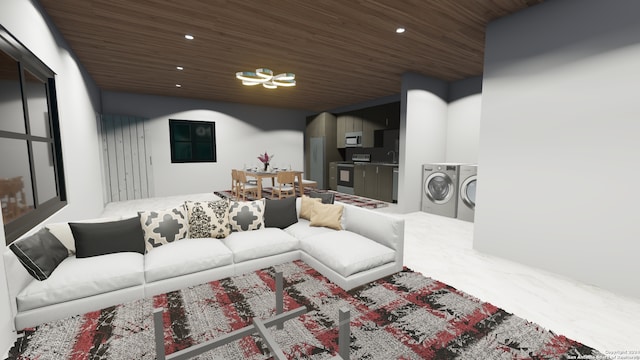 341 Avondale Ave, San Antonio, TX 78223 - living area with wood ceiling, separate washer and dryer, recessed lighting, and a chandelier