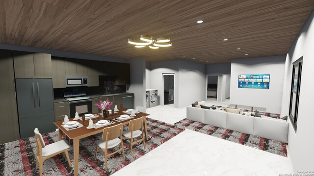 341 Avondale Ave, San Antonio, TX 78223 - living area with washer and clothes dryer, wood ceiling, a chandelier, and recessed lighting