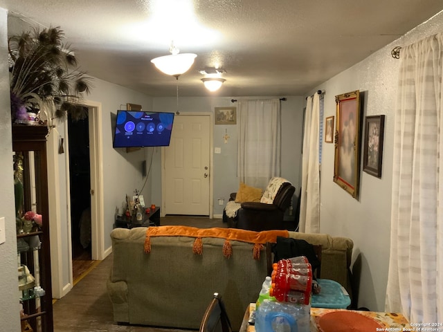 living room with dark hardwood / wood-style flooring and a textured ceiling