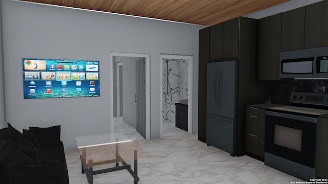 kitchen featuring wood ceiling and appliances with stainless steel finishes