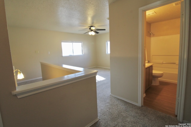 corridor with carpet flooring and a textured ceiling