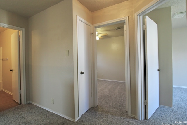 hall featuring carpet flooring and a textured ceiling