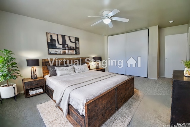 carpeted bedroom with ceiling fan and a closet