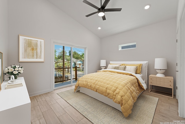 bedroom featuring access to outside, high vaulted ceiling, ceiling fan, and light hardwood / wood-style floors