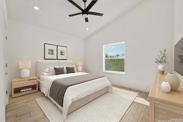 bedroom with ceiling fan, light hardwood / wood-style flooring, and high vaulted ceiling