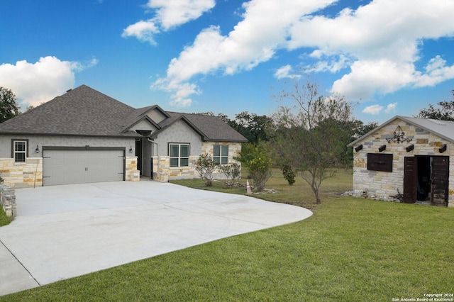 2407 Fm 1283, Pipe Creek, TX 78063 - view of front of home featuring stone siding, a garage, concrete driveway, a front lawn, and a shingled roof