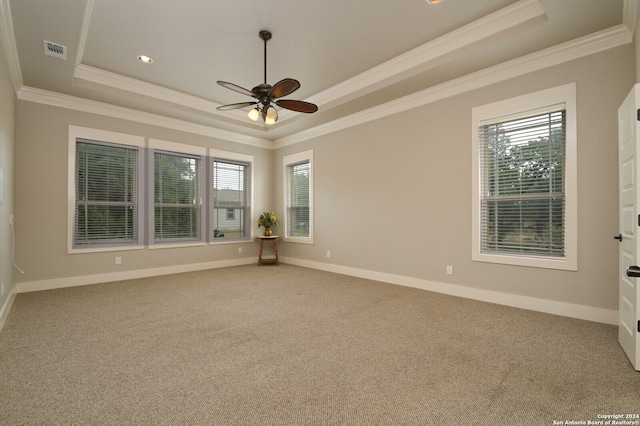 carpeted spare room featuring ceiling fan, a raised ceiling, and crown molding