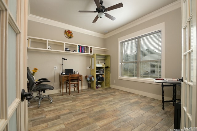 office space with hardwood / wood-style floors, ceiling fan, ornamental molding, and french doors