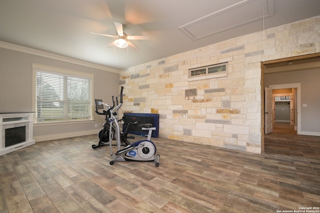 exercise room with hardwood / wood-style floors, ceiling fan, and crown molding