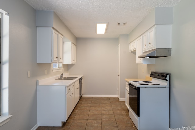 kitchen with a textured ceiling, white range with electric stovetop, sink, dishwasher, and white cabinetry