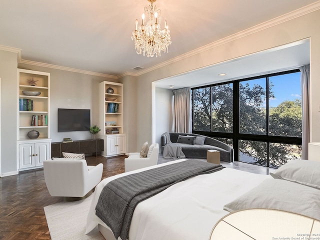 bedroom featuring dark parquet flooring, crown molding, and a chandelier