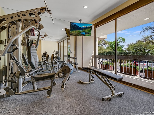 gym featuring ceiling fan