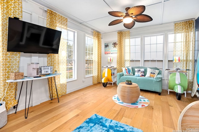 living room featuring ceiling fan and wood-type flooring