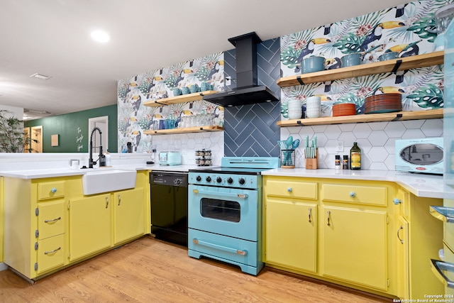 kitchen featuring range with electric stovetop, tasteful backsplash, dishwasher, wall chimney range hood, and sink