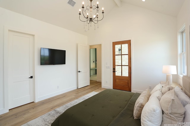 bedroom with beam ceiling, light hardwood / wood-style flooring, high vaulted ceiling, and a notable chandelier