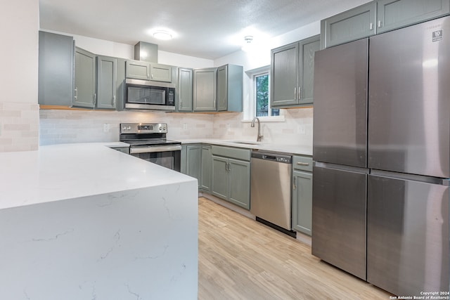 kitchen with appliances with stainless steel finishes, backsplash, a textured ceiling, sink, and light hardwood / wood-style floors