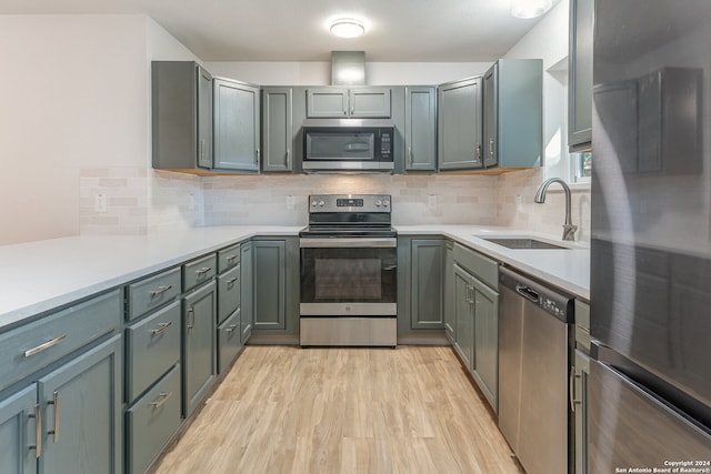 kitchen with decorative backsplash, sink, stainless steel appliances, and light wood-type flooring