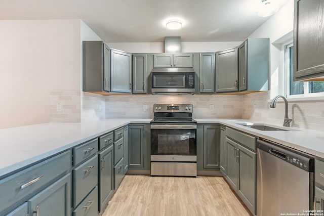 kitchen featuring decorative backsplash, sink, stainless steel appliances, and light hardwood / wood-style floors